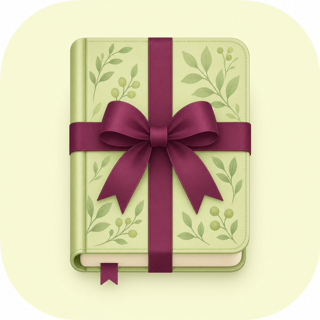 GiftWrapd app icon — a sage green gift-wrapped journal tied with a plum ribbon and bow