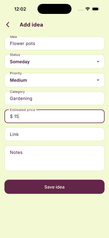 Add idea form with category, price, and notes