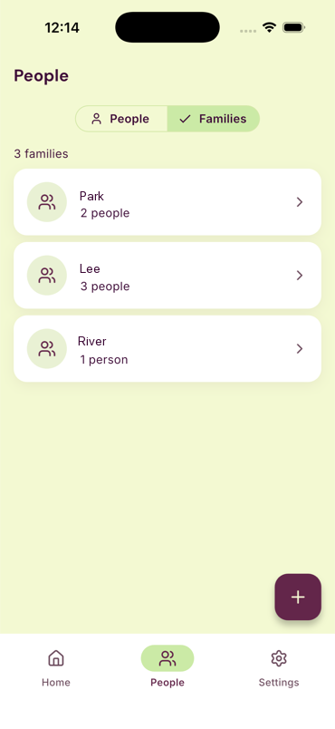 Families list grouping people into households
