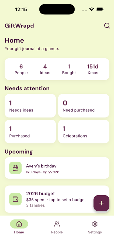 GiftWrapd home screen with people, ideas, and upcoming birthdays