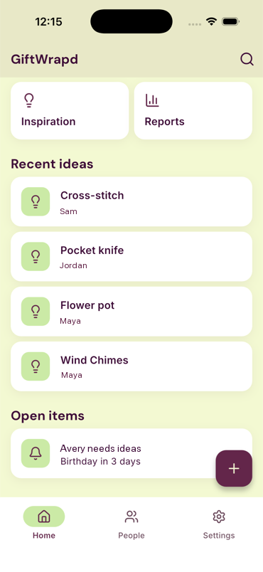 GiftWrapd home showing recent gift ideas and open birthday reminders